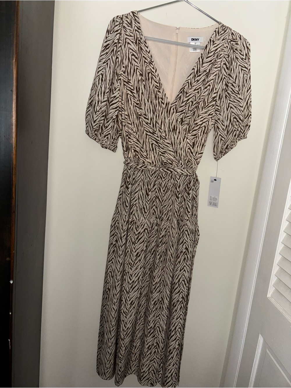 DKNY Beige and Black Wrap Midi Dress
